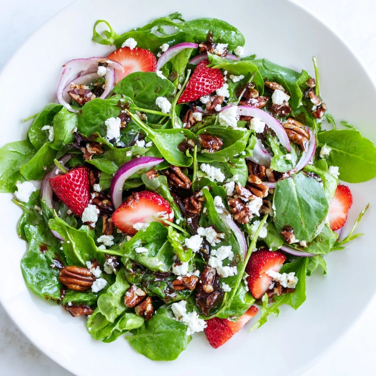 A fresh Spring Greens Salad with Strawberries and Goat Cheese topped with crumbled cheese and toasted pecans on a rustic wood table.