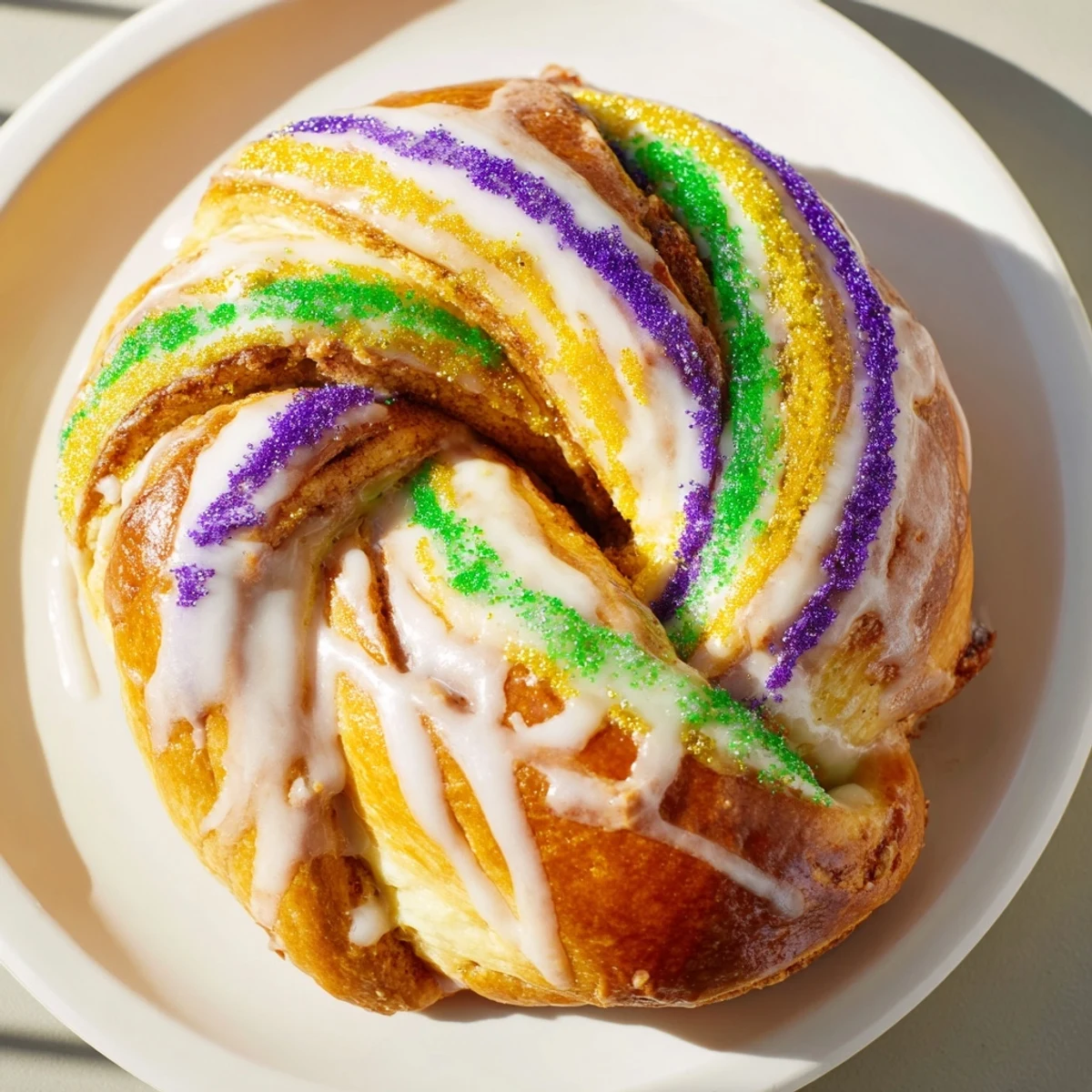 Freshly baked Mardi Gras Style King Cake with cream cheese filling, drizzled with white glaze and vibrant purple, green, and gold sugars on a festive table.