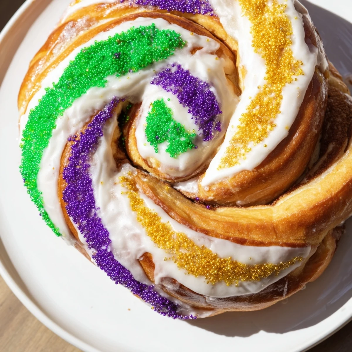 Warm slice of Mardi Gras Style King Cake reveals creamy cream cheese filling, topped with colorful Mardi Gras sprinkles for a New Orleans celebration.