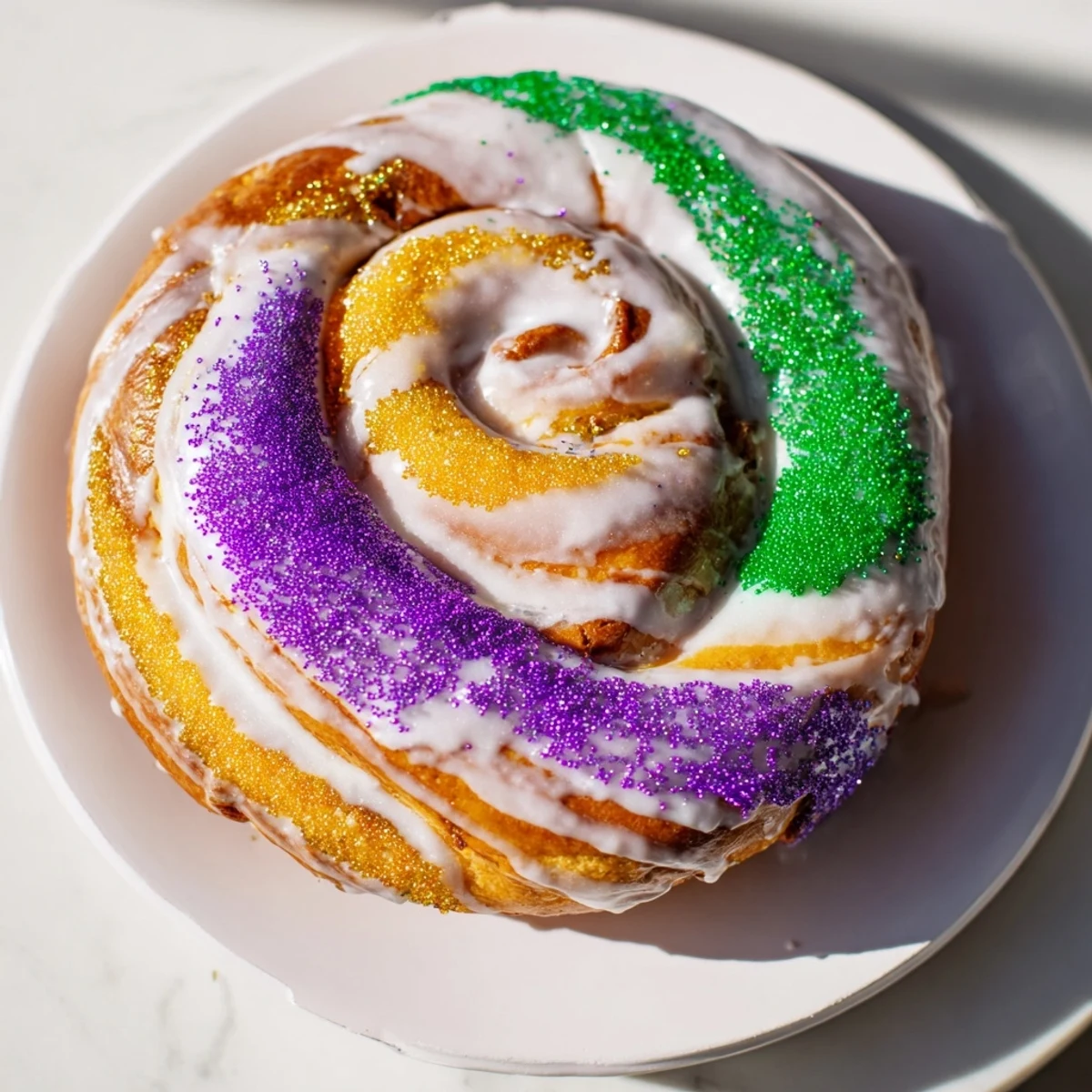 Golden Mardi Gras Style King Cake with luscious cream cheese filling and glossy icing, garnished with traditional purple, green, and gold sugared toppings.