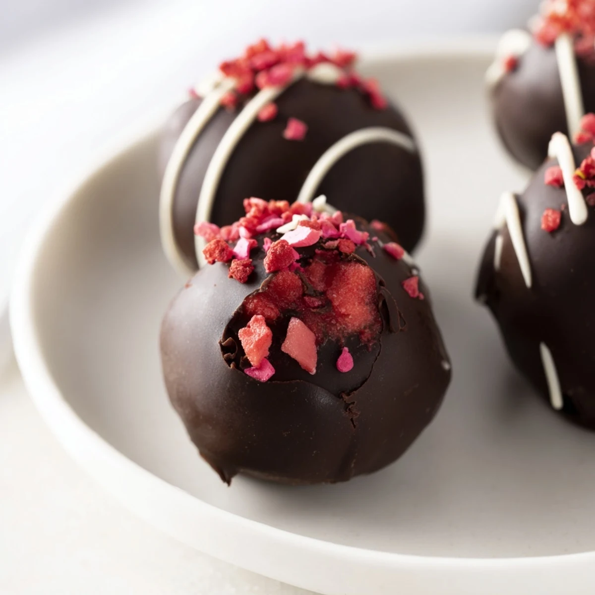 Four decadent Chocolate Covered Strawberry Cheesecake Bites on a white plate, showing the creamy pink filling and rich dark chocolate shell.