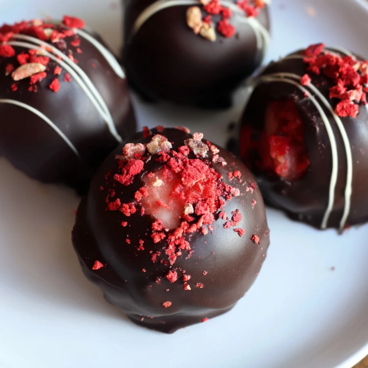 Chocolate Covered Strawberry Cheesecake Bites on a marble platter, with graham cracker crumbs and fresh strawberry slices scattered around.
