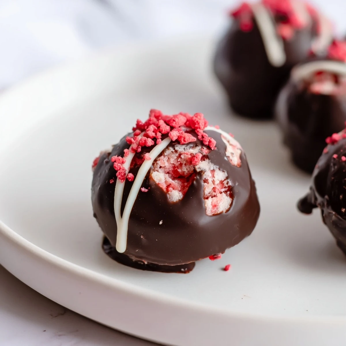 A close-up view of a Chocolate Covered Strawberry Cheesecake Bite, revealing a textured graham cracker crust and glossy chocolate coating.