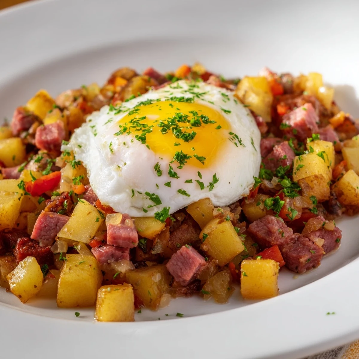 Golden, crispy potatoes and tender corned beef hash skillet topped with a poached egg and fresh parsley garnish.