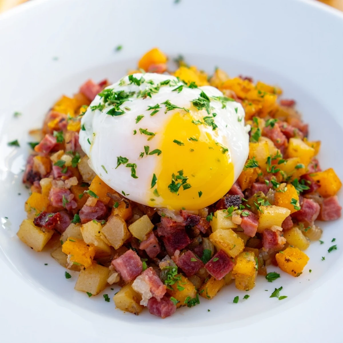 Close-up of a savory Corned Beef Hash Skillet with Poached Eggs, featuring runny yolks and crispy potatoes.