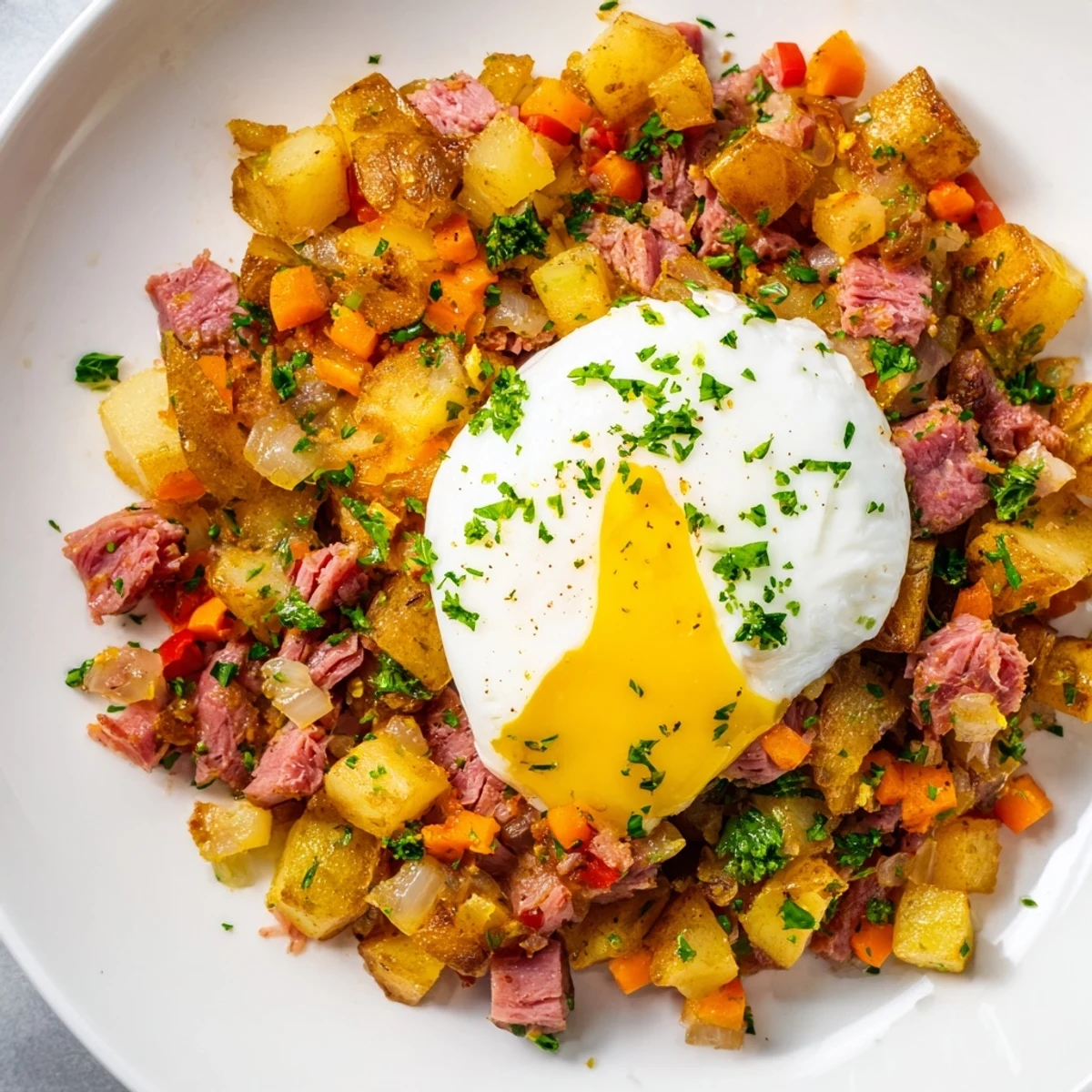 A hearty Corned Beef Hash Skillet with Poached Eggs served hot with onions and red bell peppers.