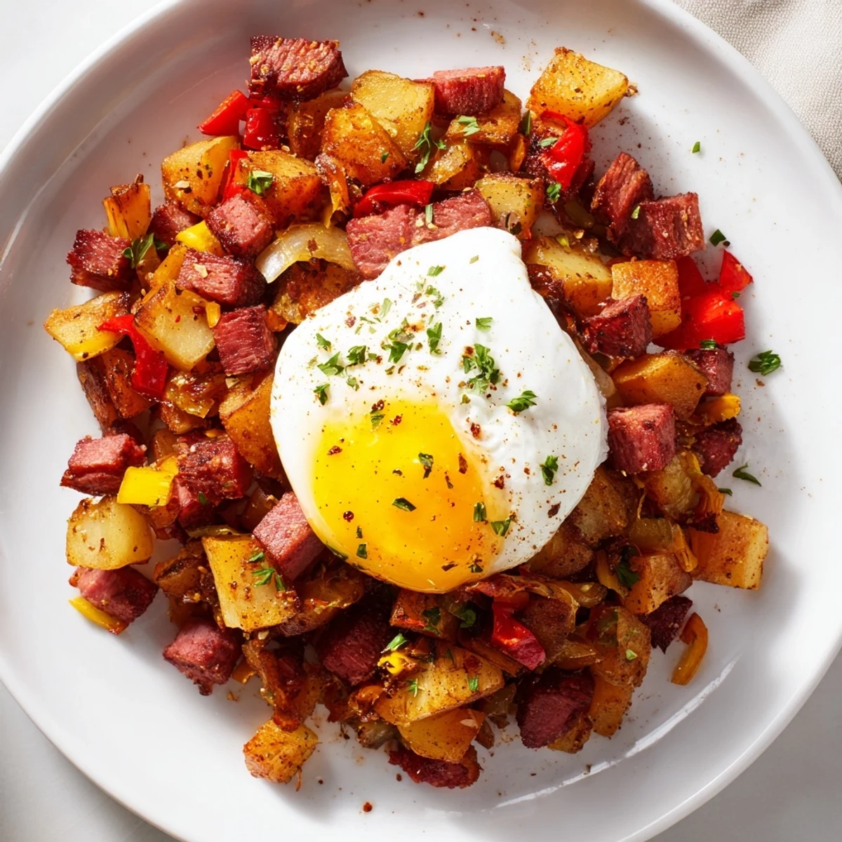 Crispy Corned Beef Hash Skillet with Poached Eggs served steaming hot with fresh parsley garnish.