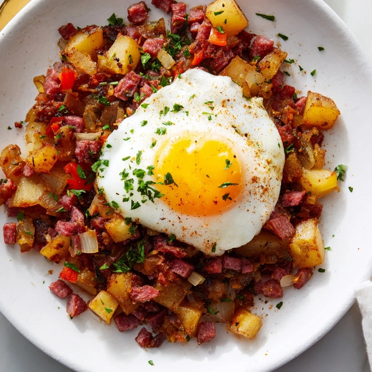 Close-up of Corned Beef Hash Skillet with Poached Eggs featuring golden potatoes and runny yolks.