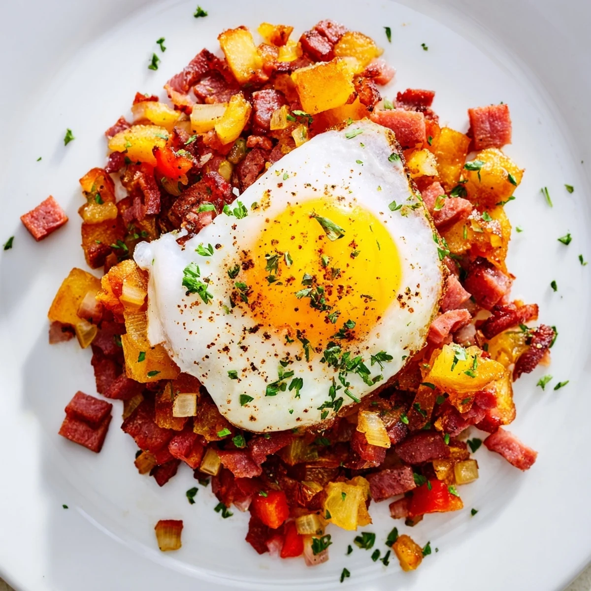 Skillet-style Corned Beef Hash with Poached Eggs topped with vibrant red bell peppers and onions.