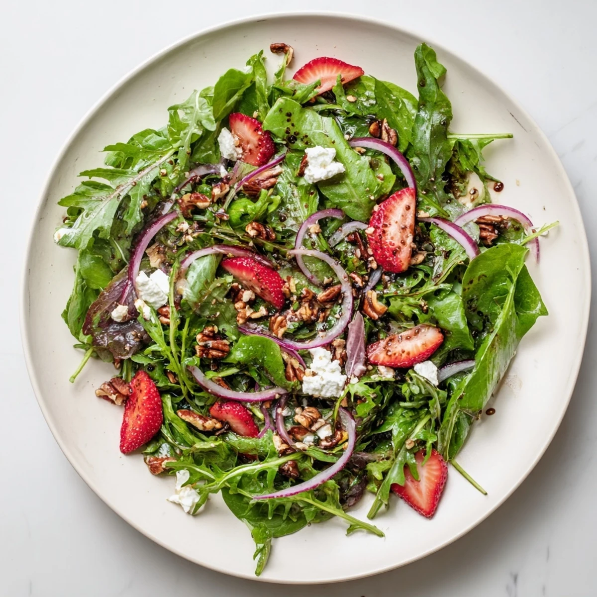 Fresh spring greens with sliced strawberries and crumbled goat cheese, drizzled with balsamic vinaigrette for a vibrant salad.