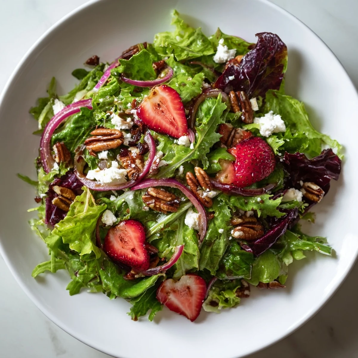 Spring Greens Salad with Strawberries and Goat Cheese on a plate with red onion and toasted pecans, served ready to eat.