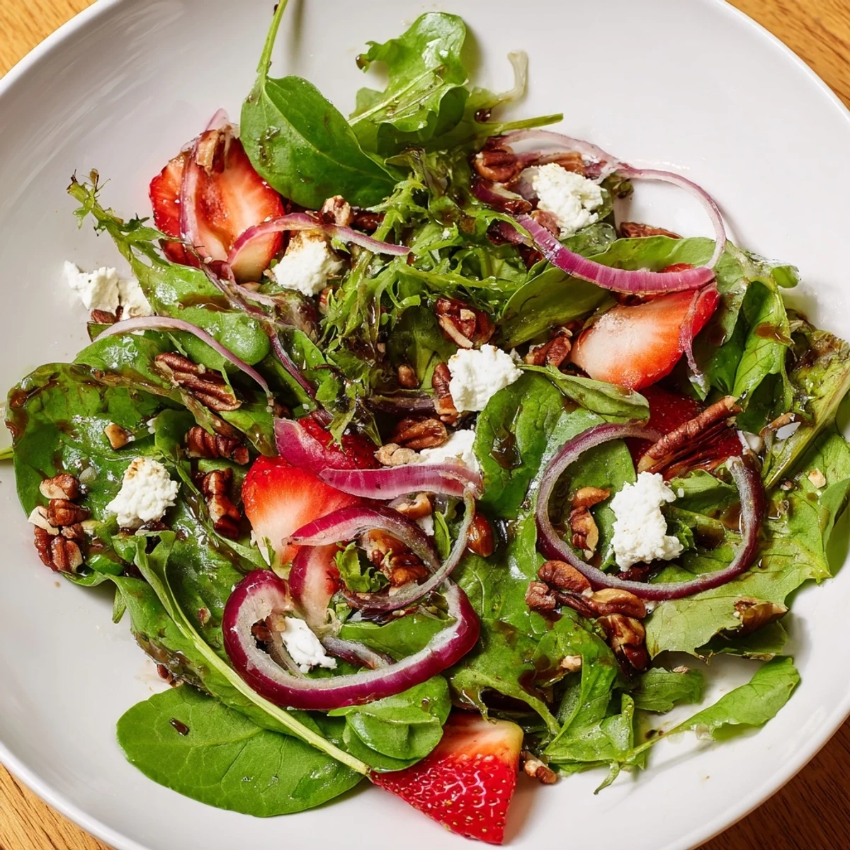 A Spring Greens Salad with Strawberries and Goat Cheese topped with creamy cheese, juicy berries, and a tangy balsamic drizzle.