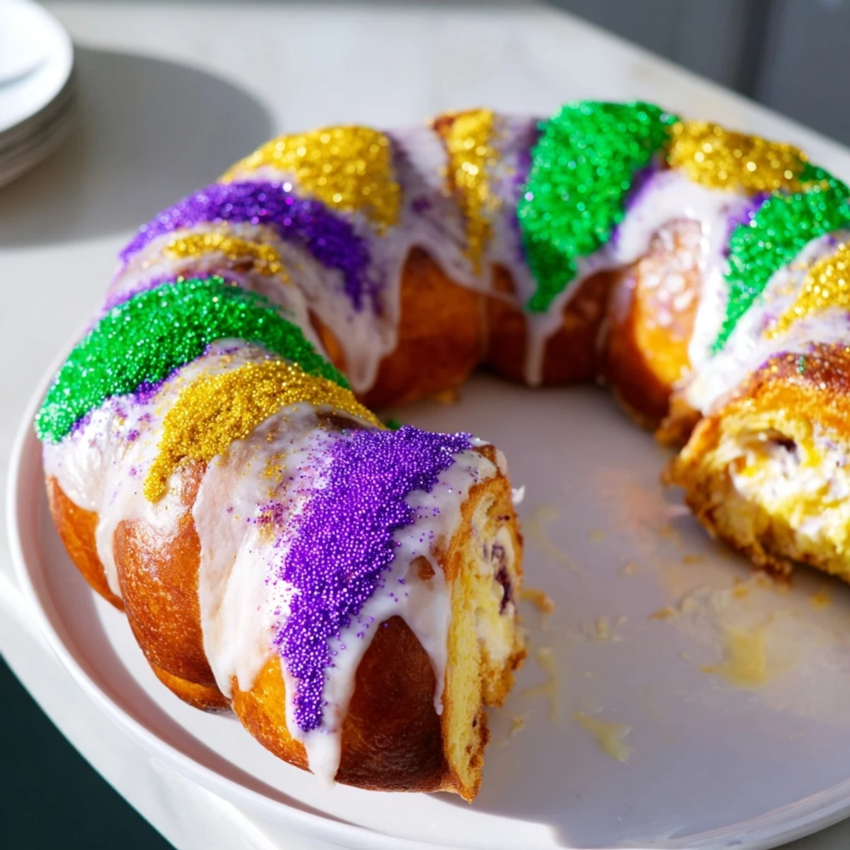 A vibrant Mardi Gras Style King Cake with cream cheese filling and colorful sugar, ready to slice for a festive New Orleans party.