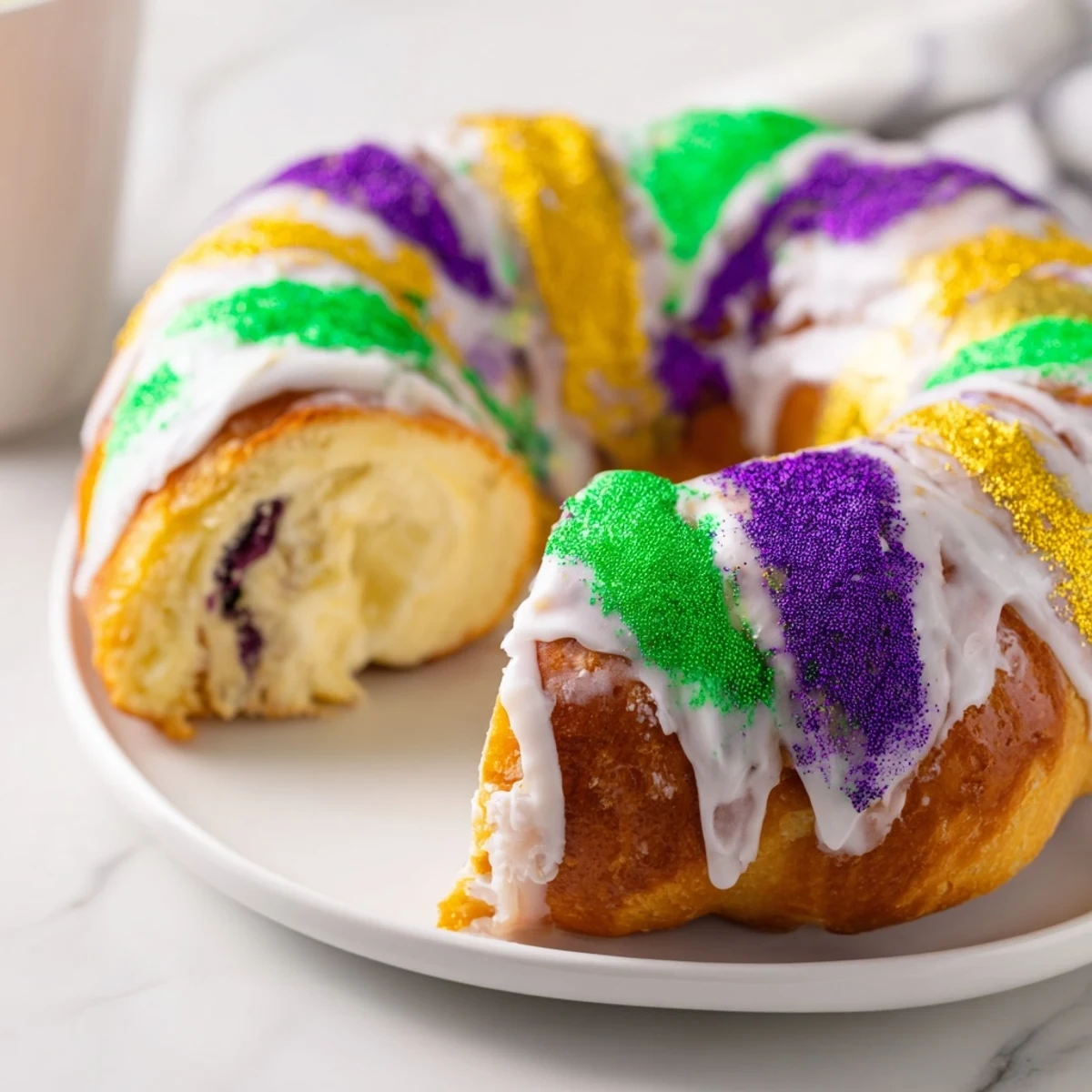 Freshly baked Mardi Gras Style King Cake shows golden brioche, creamy filling, and bright purple, green, and gold sugar toppings.