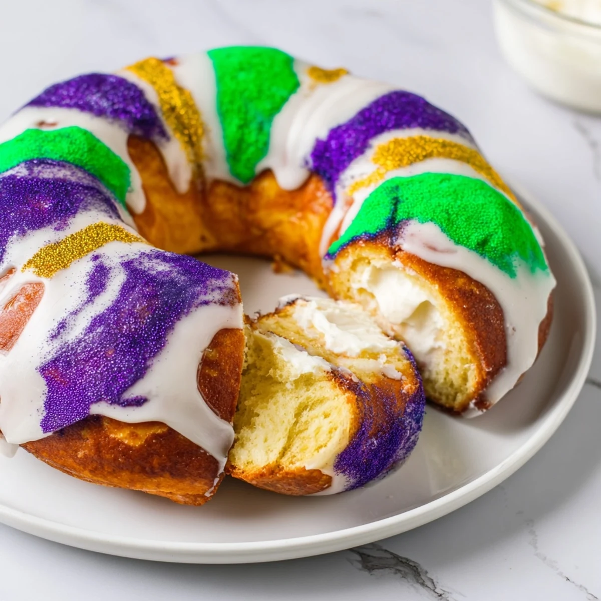 Moist Mardi Gras Style King Cake with cream cheese swirl, drizzled icing, and a hidden baby for festive tradition.