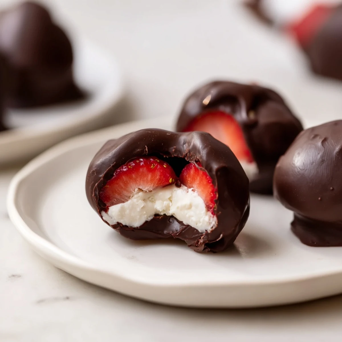 Glistening chocolate coated cheesecake bites with fresh strawberry halves on a white plate for serving.