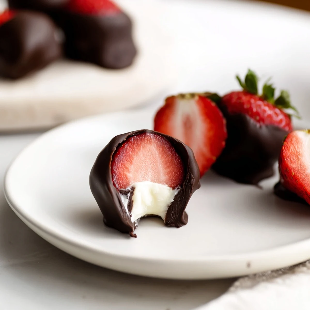 Decadent chocolate covered strawberry cheesecake bites with creamy centers, arranged neatly on a marble countertop.
