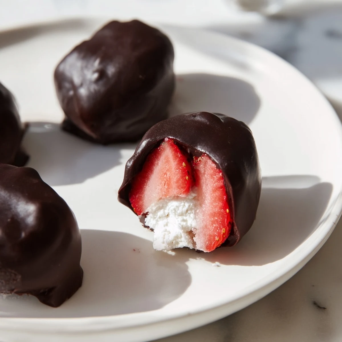 Rich chocolate covered strawberry cheesecake bites are perfect party desserts on a white plate with crumbs.