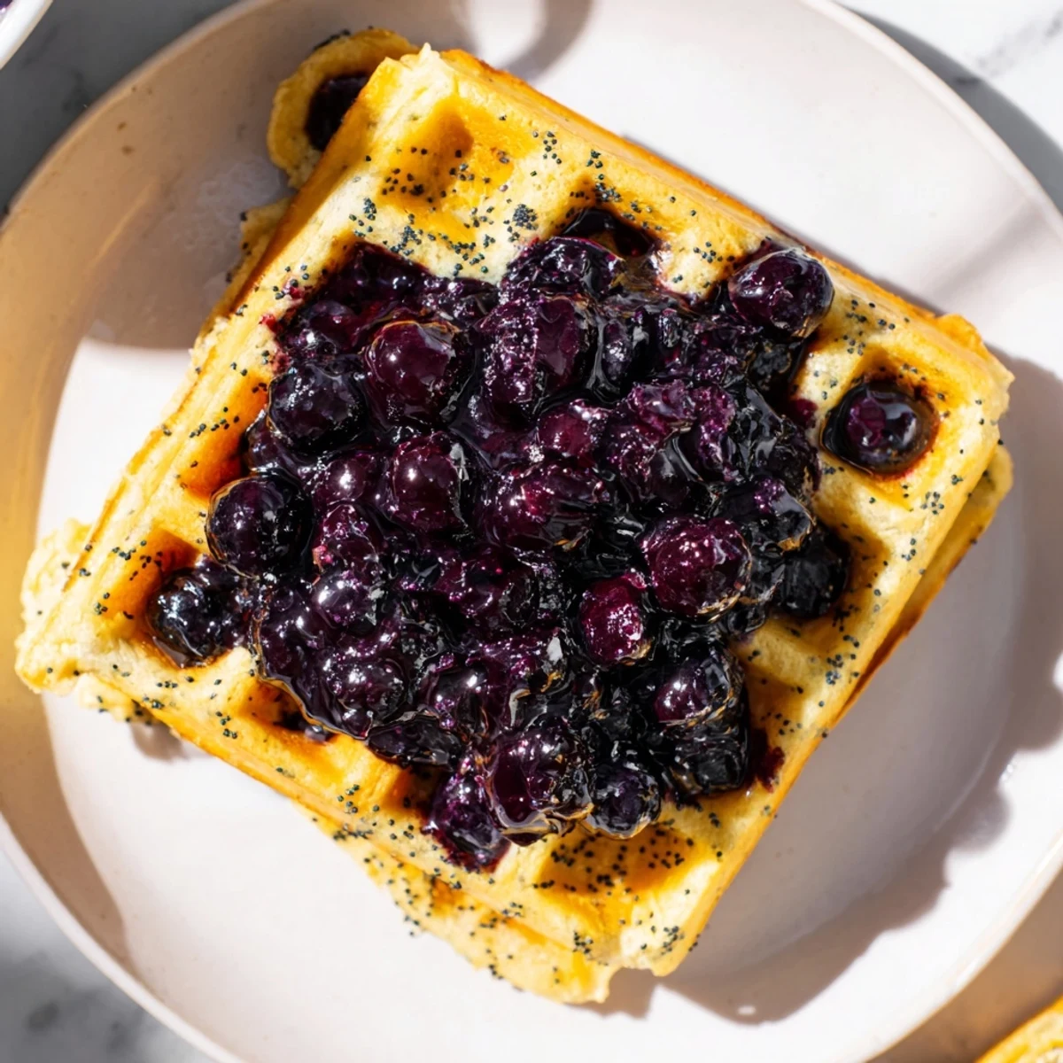 A stack of fluffy Lemon Poppy Seed Waffles with Blueberry Compote glistening with syrup.