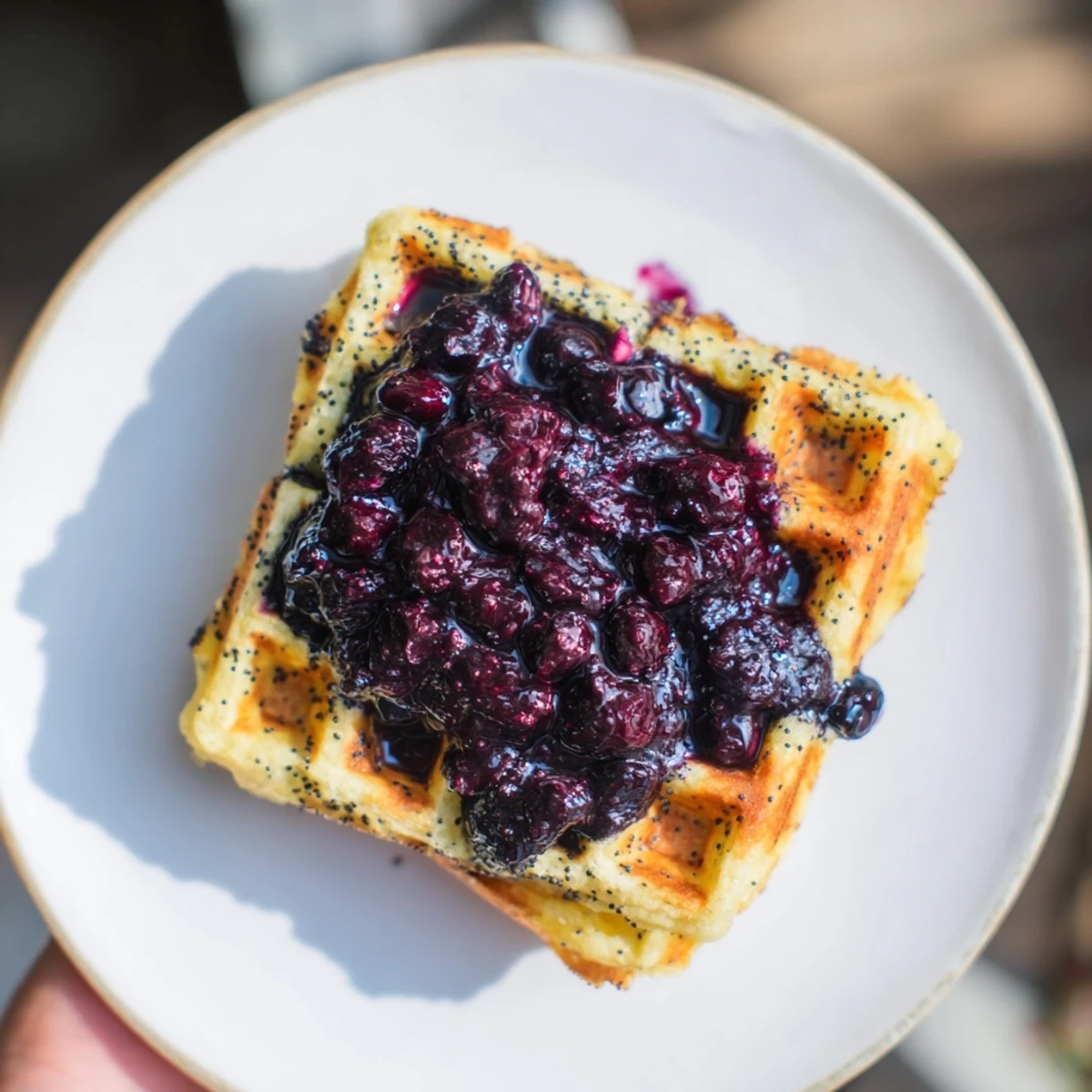 Fresh Lemon Poppy Seed Waffles with Blueberry Compote served beside steaming coffee.