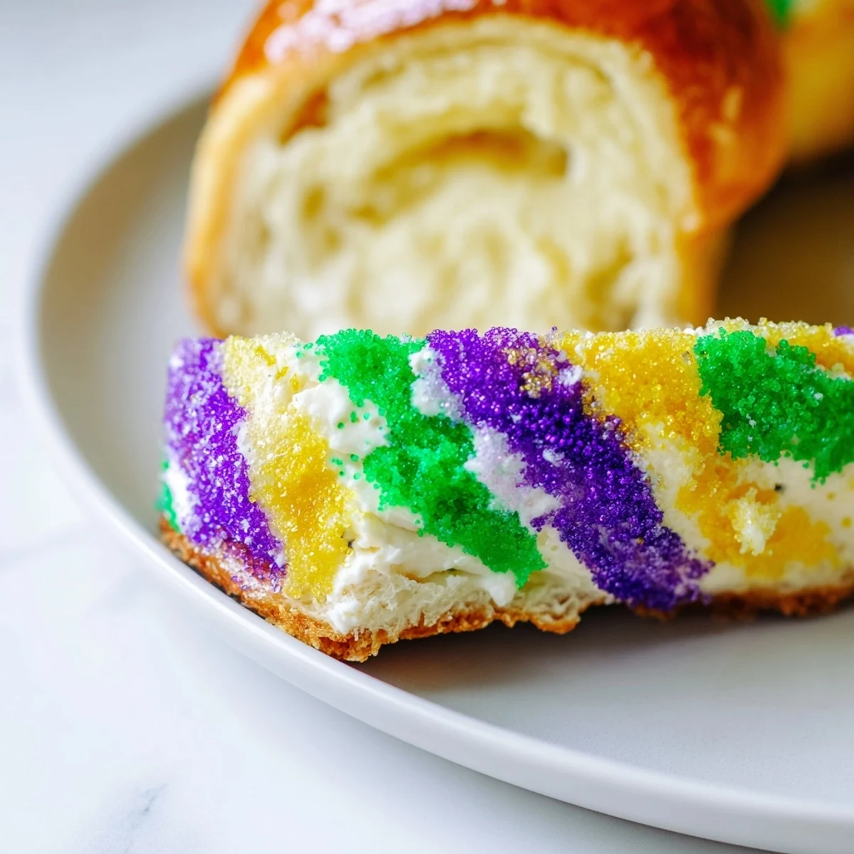 Vibrant Mardi Gras King Cake with cream cheese filling, topped with purple, green, and gold sugars, ready to slice and serve.