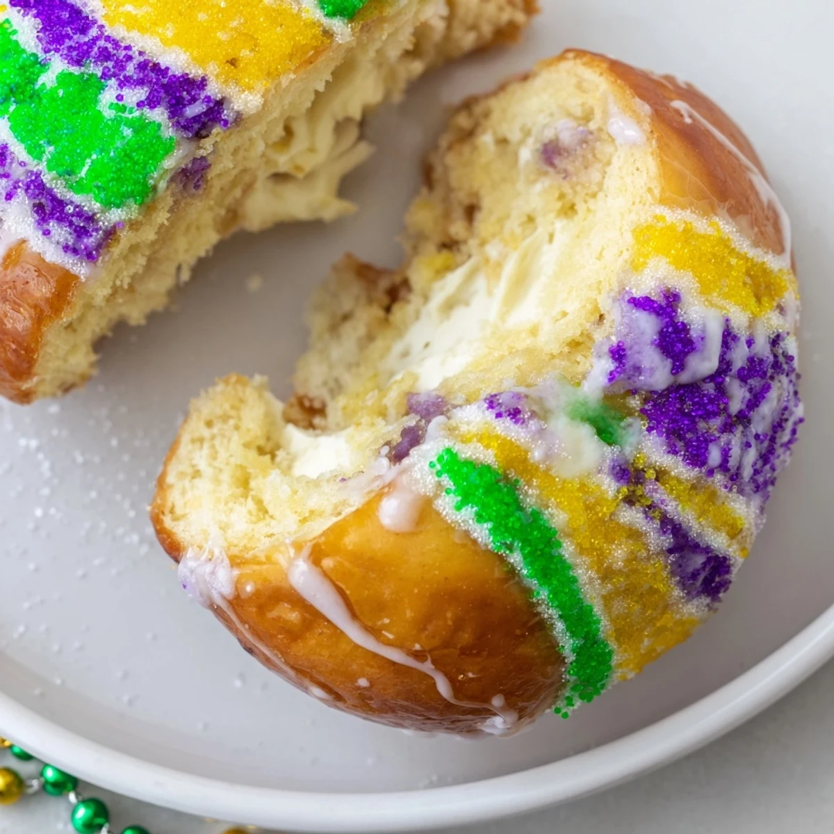 Freshly glazed Mardi Gras King Cake on a cooling rack, with rich cream cheese filling peeking out beneath sprinkles.