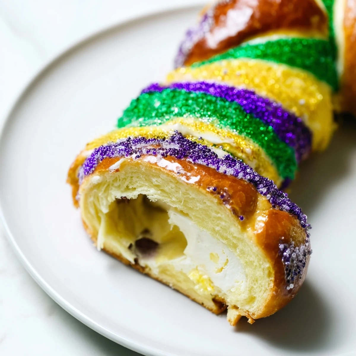 Golden-baked Mardi Gras King Cake, its tender brioche twisted around sweet cream cheese, dusted with festive carnival-colored sugars.