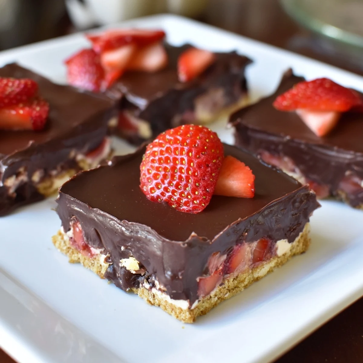 Chilled Chocolate Covered Strawberry Cheesecake Bars feature a creamy layer topped with glossy chocolate and fresh berries.