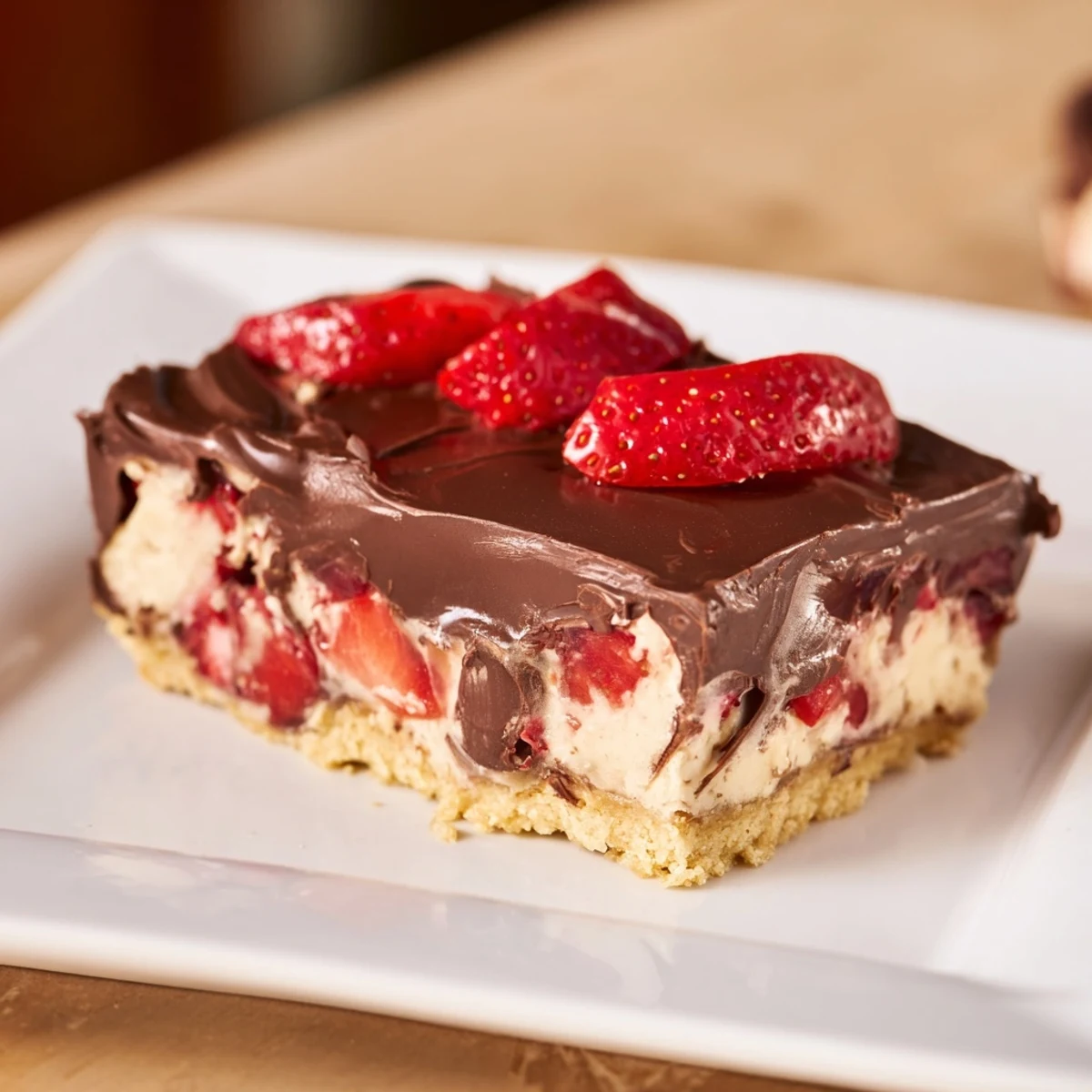 On a marble surface, sliced Chocolate Covered Strawberry Cheesecake Bars reveal strawberry swirls and a crisp graham cracker crust.