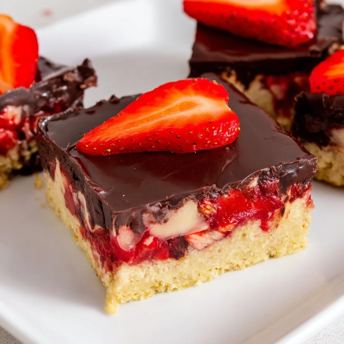 A fork rests beside a plated Chocolate Covered Strawberry Cheesecake Bar with juicy strawberries and melted chocolate drizzle.