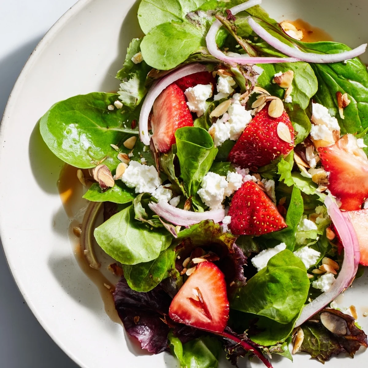 Spring mix salad with strawberries and feta on a white plate, red onions and almonds adding texture and color.