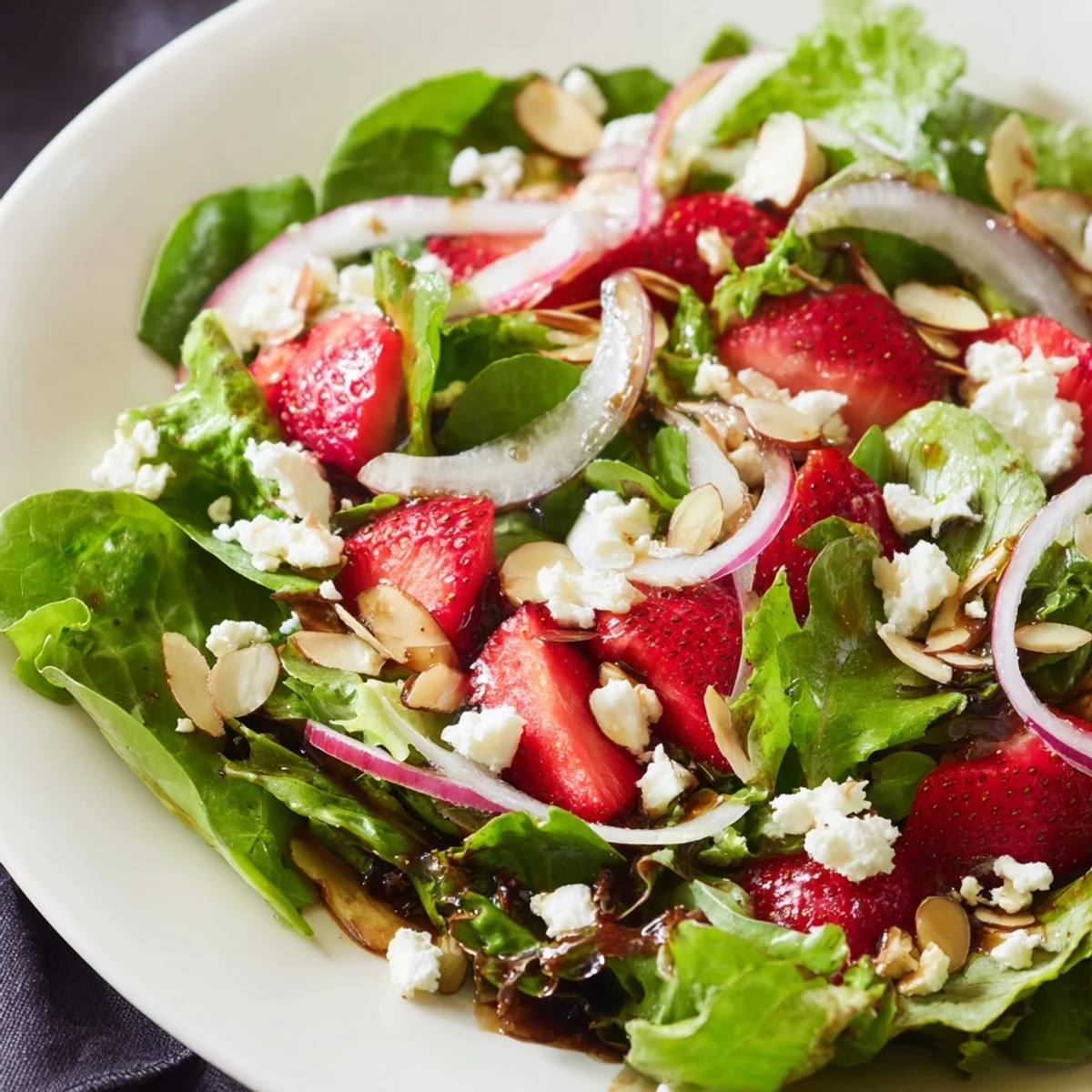 Bright spring mix salad with strawberries and feta, topped with toasted almonds and a drizzle of balsamic vinaigrette.