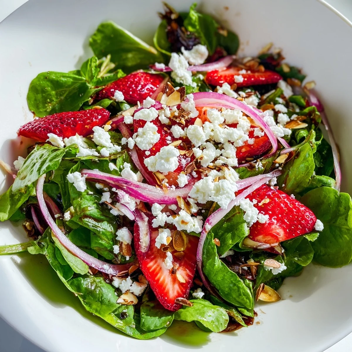 A refreshing spring mix salad with strawberries and feta, served with extra vinaigrette on the side for dipping.
