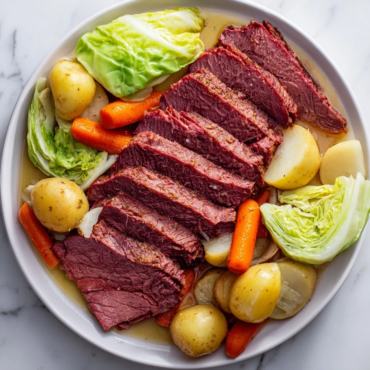 Tender slices of Corned Beef Brisket with Cabbage and Potatoes on a platter with grainy mustard.