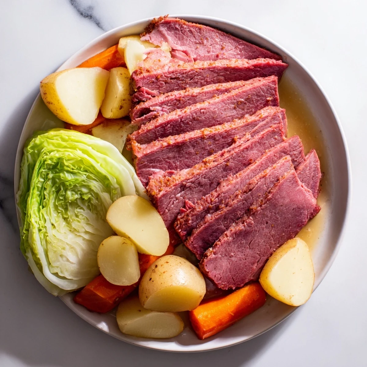 A hearty serving of Corned Beef Brisket with Cabbage and Potatoes, featuring soft carrots and savory broth.