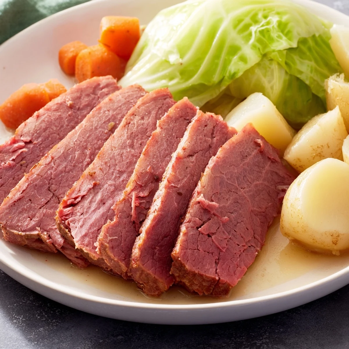 Golden Corned Beef Brisket with Cabbage and Potatoes arranged with onion wedges, a classic Irish-American meal.