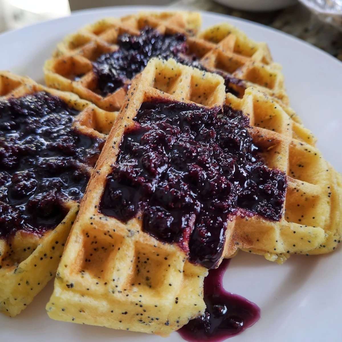 A close-up of golden Lemon Poppy Seed Waffles with Blueberry Syrup dripping over the crisp edges, showcasing the vibrant berry color and zesty citrus zest flecks.
