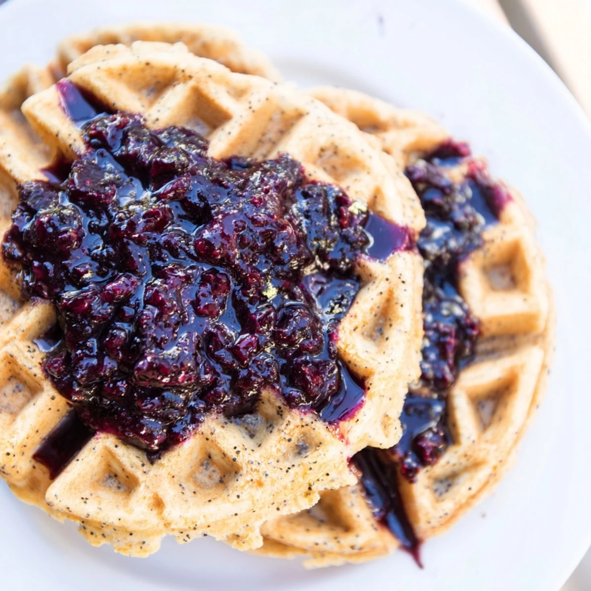A stacked serving of fluffy Lemon Poppy Seed Waffles drenched in rich blueberry syrup, garnished with fresh berries and a dusting of powdered sugar for a sweet finish.
