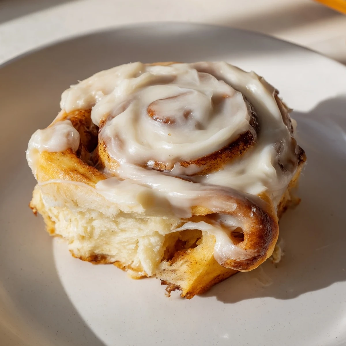 Close-up of a sliced Keto Cinnamon Bun revealing the sweet cinnamon filling and creamy icing spread inside the soft roll.
