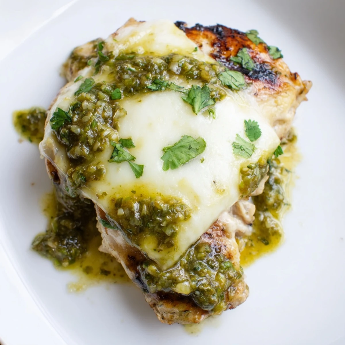 Grilled Salsa Verde Pepper Jack Chicken on a platter with melted cheese and cilantro garnish.