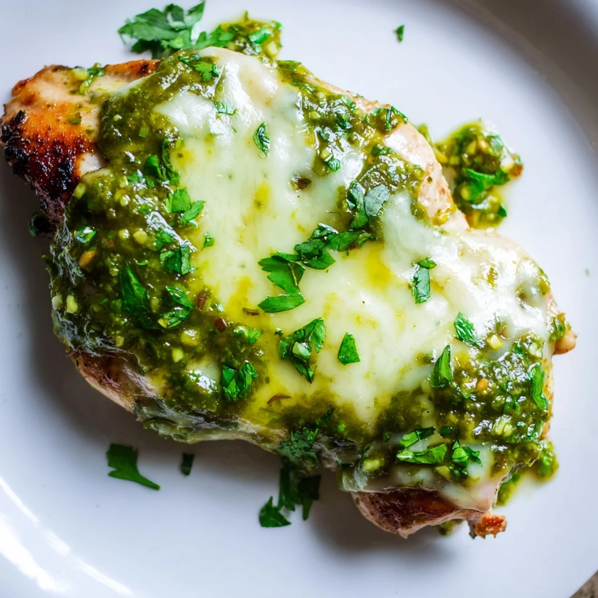 Juicy Grilled Salsa Verde Pepper Jack Chicken served with lime wedges and fresh avocado slices.