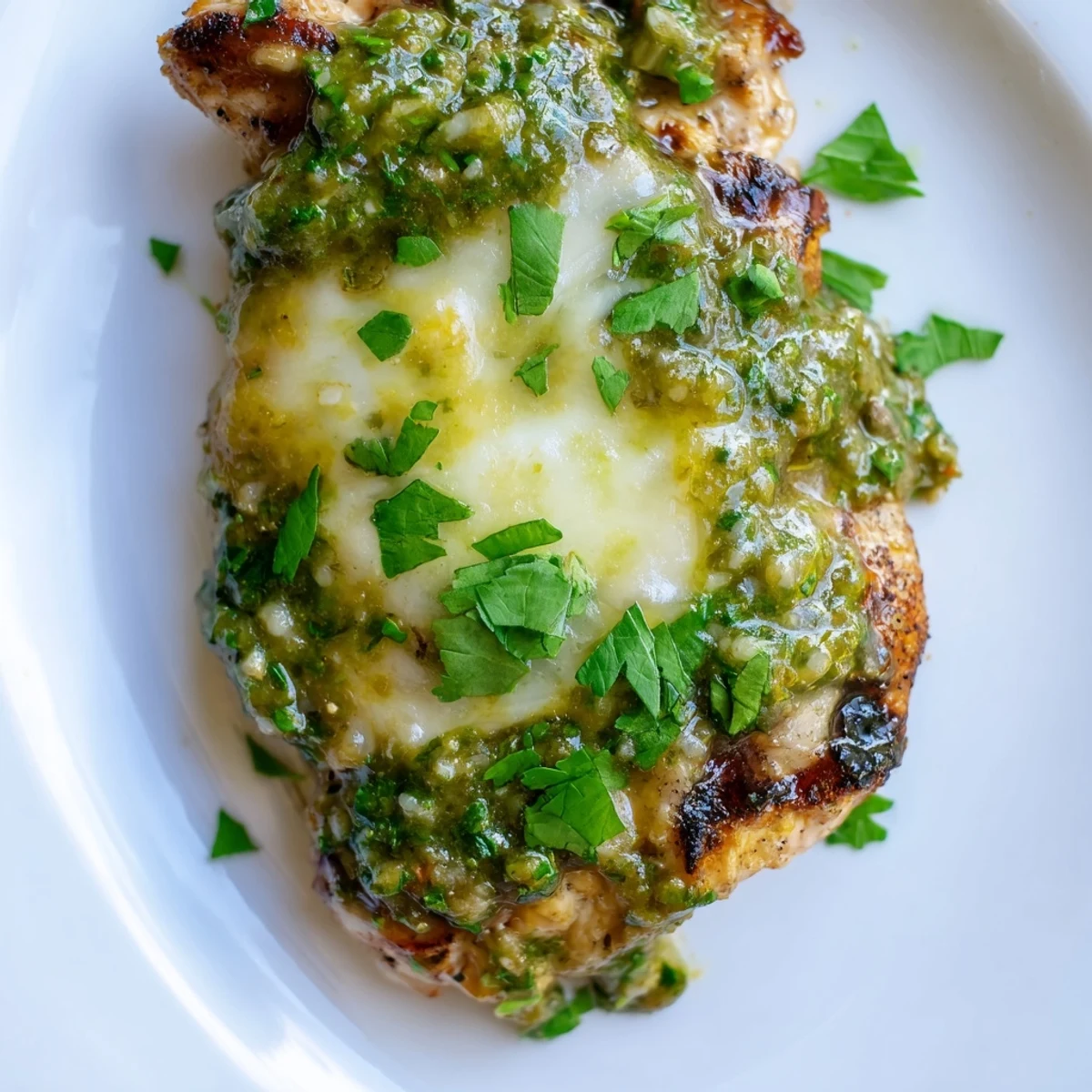A close-up of Grilled Salsa Verde Pepper Jack Chicken topped with zesty sauce and melted cheese.