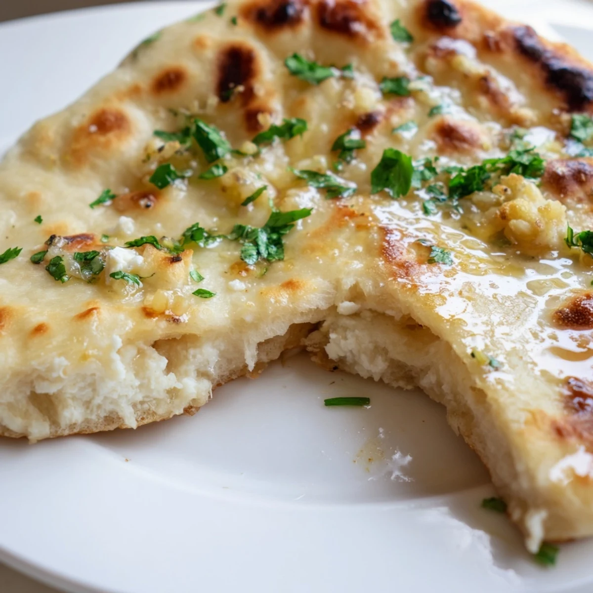 Warm Cottage Cheese Garlic Naan served with a colorful curry and fresh cilantro garnish.