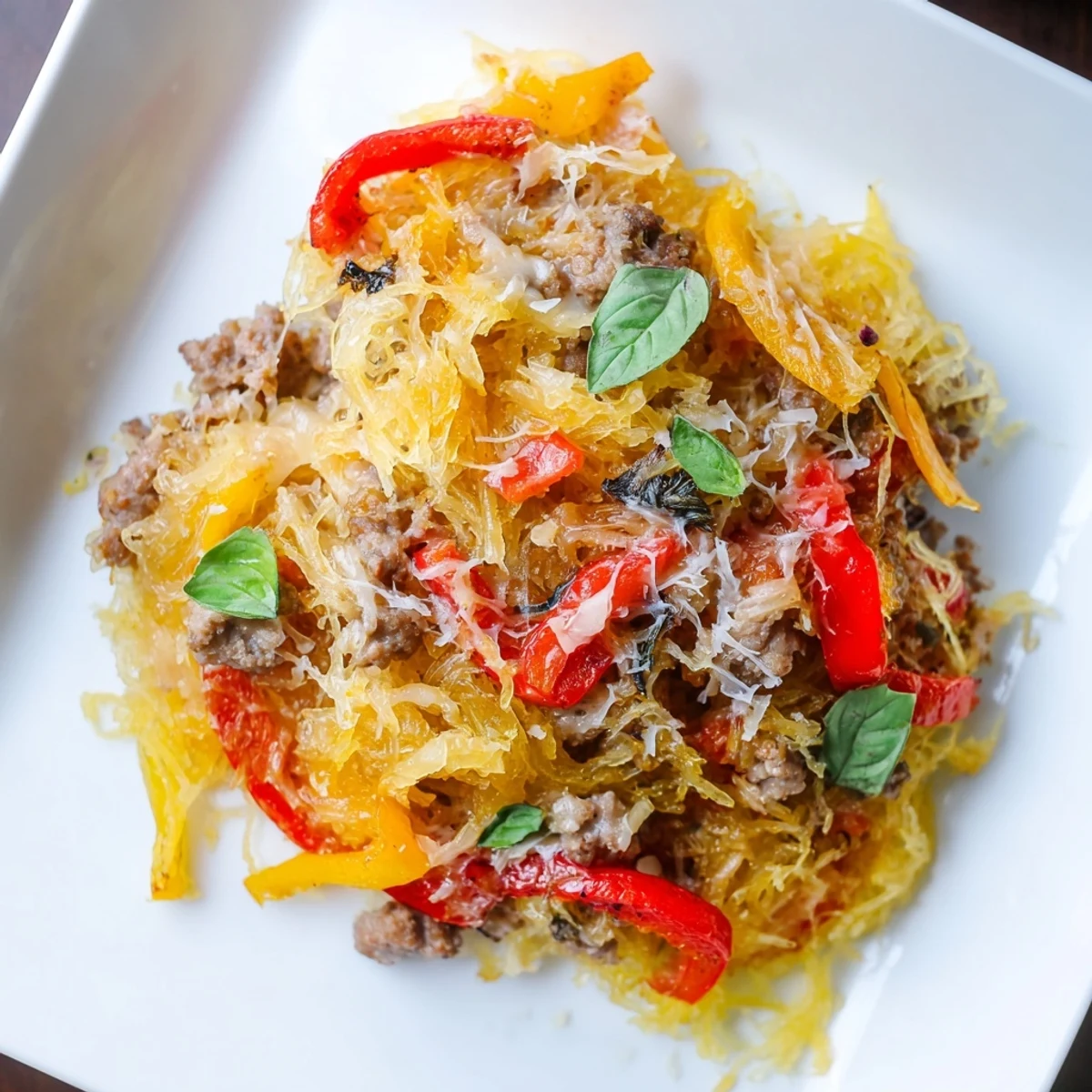 Baked in a glass dish, the Sausage and Peppers Spaghetti Squash Casserole features tender spaghetti squash, savory Italian sausage, and sweet bell peppers in a rich red marinara sauce.