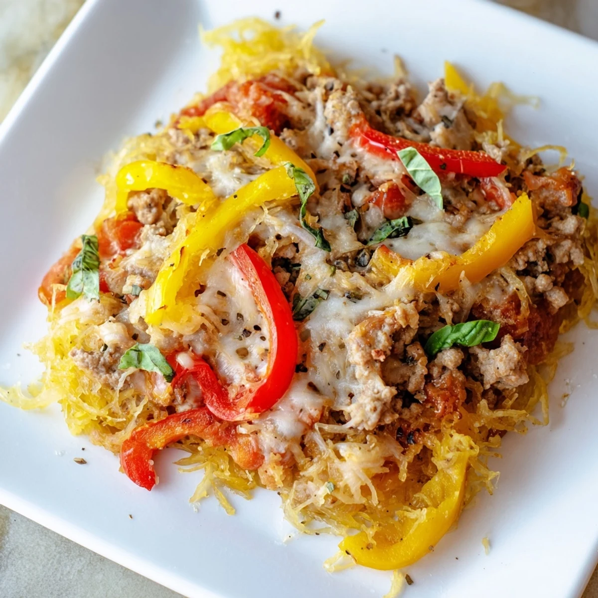 A close-up view of the Sausage and Peppers Spaghetti Squash Casserole shows fresh basil garnish on top of the gluten-free, low-carb casserole, revealing layers of roasted squash and meaty sauce.