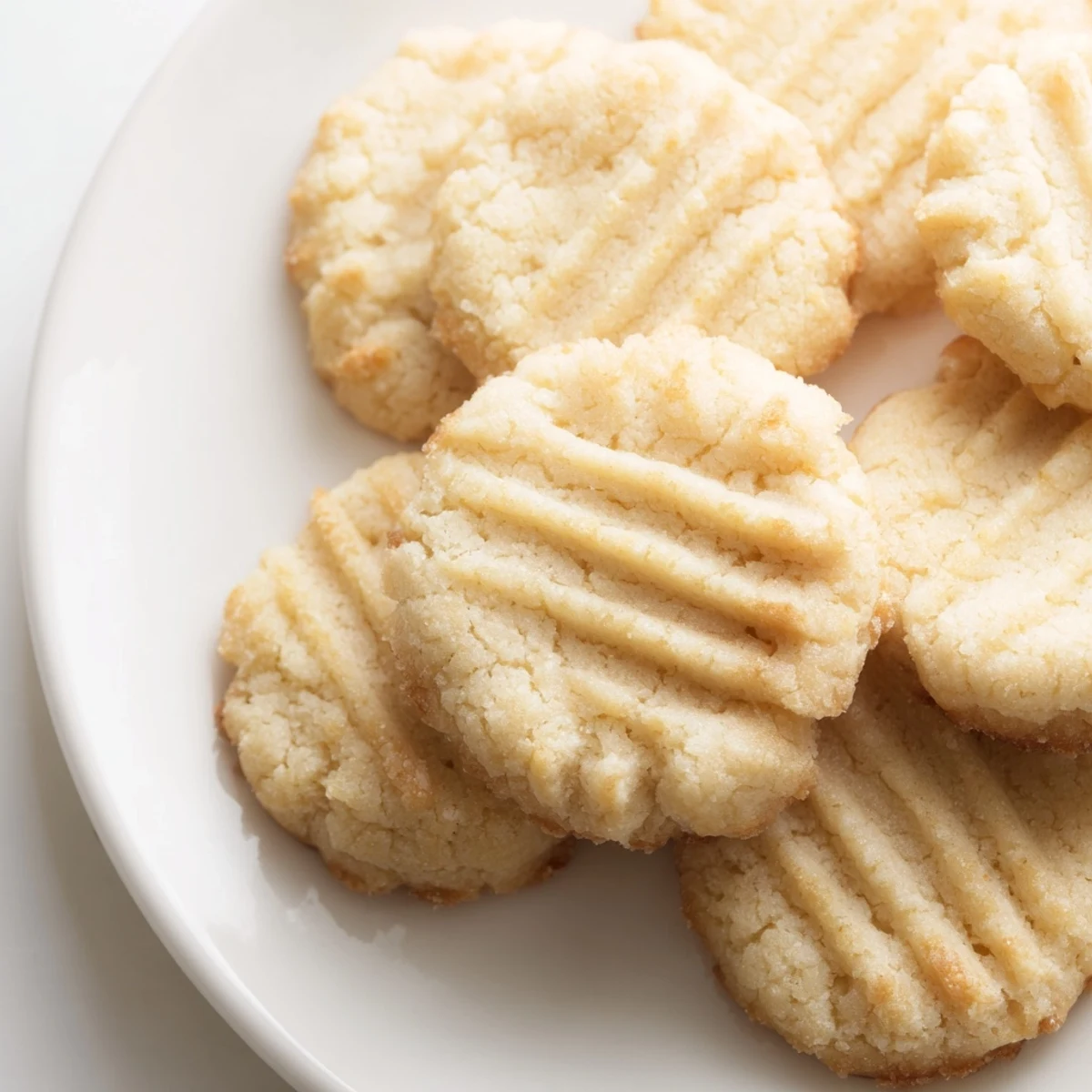 Freshly baked Keto Butter Cookies on a parchment-lined baking sheet, with golden crisscross patterns and a melt-in-your-mouth texture.