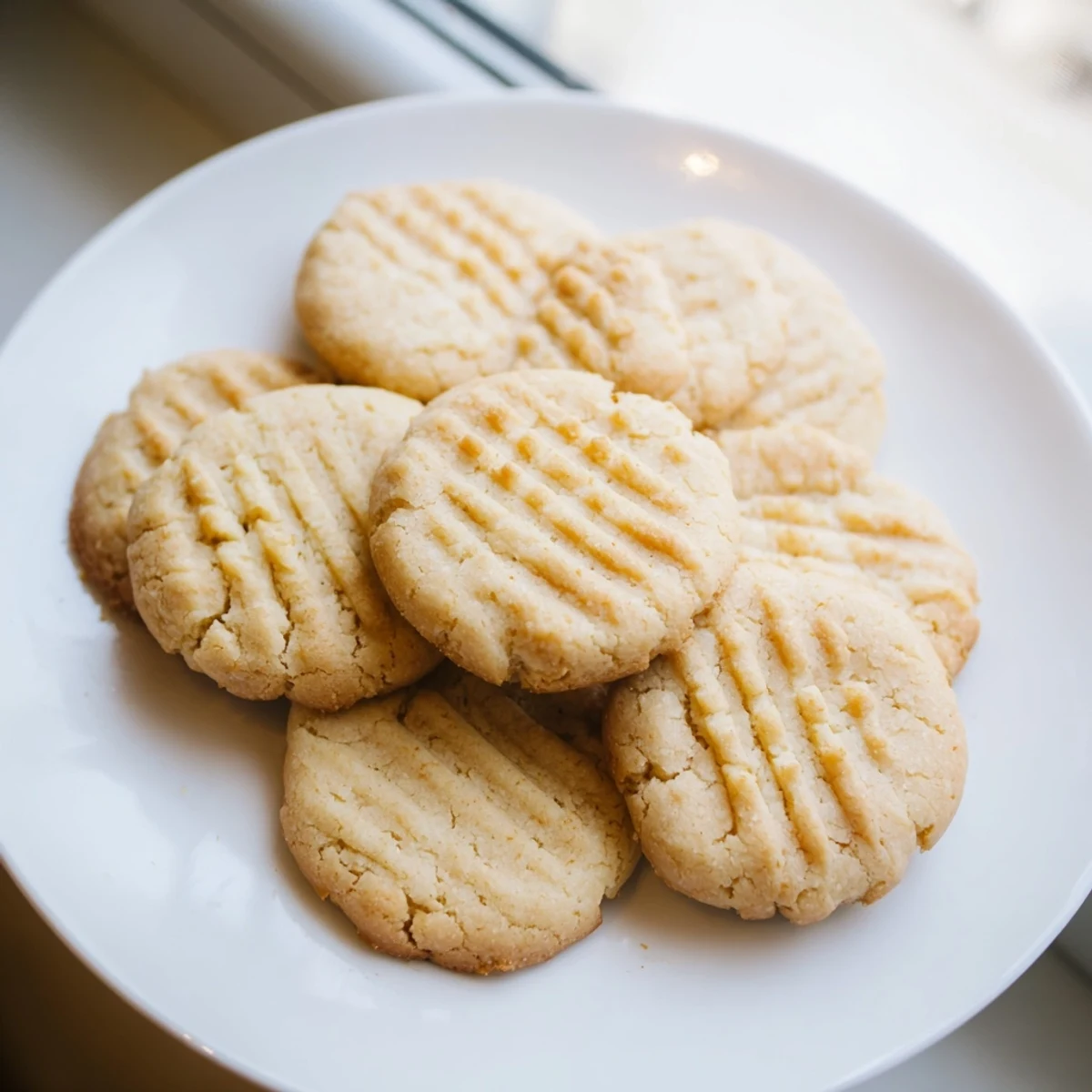 Keto Butter Cookies with almond flour texture, dusted with sweetener, ready to enjoy with a glass of cold almond milk.