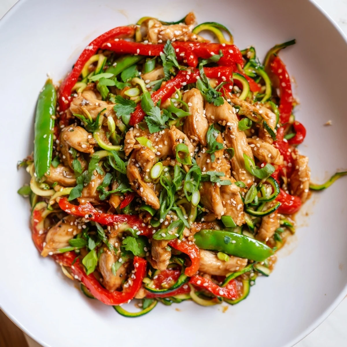 Tender chicken and crisp zucchini noodles in Garlic Chicken Zucchini Noodles Stir Fry, glistening with savory garlic sauce in a hot skillet.