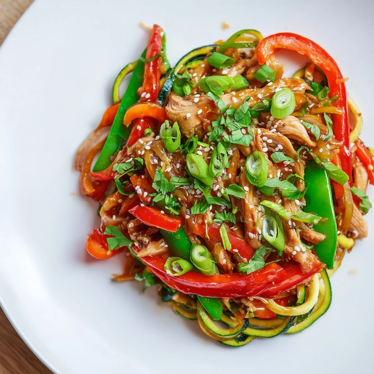 Quick Garlic Chicken Zucchini Noodles Stir Fry tossed in a wok, with snap peas and zucchini spirals coated in a glossy Asian-inspired sauce.
