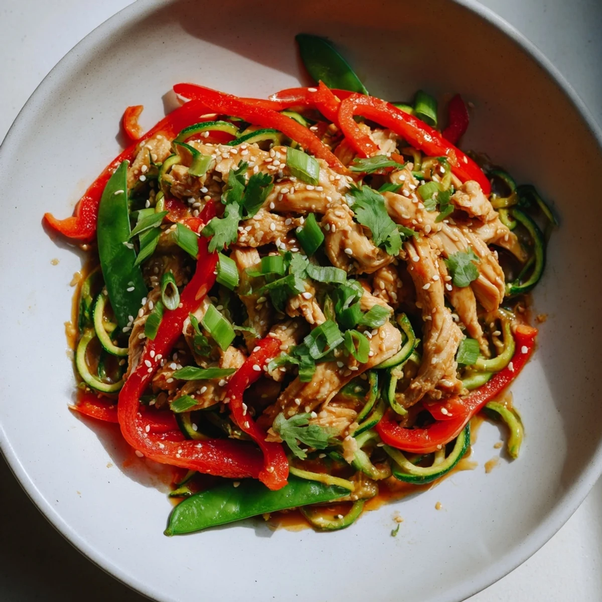 Hearty Garlic Chicken Zucchini Noodles Stir Fry plated with sesame seeds, vibrant red bell pepper, and fresh green onions for a healthy meal.